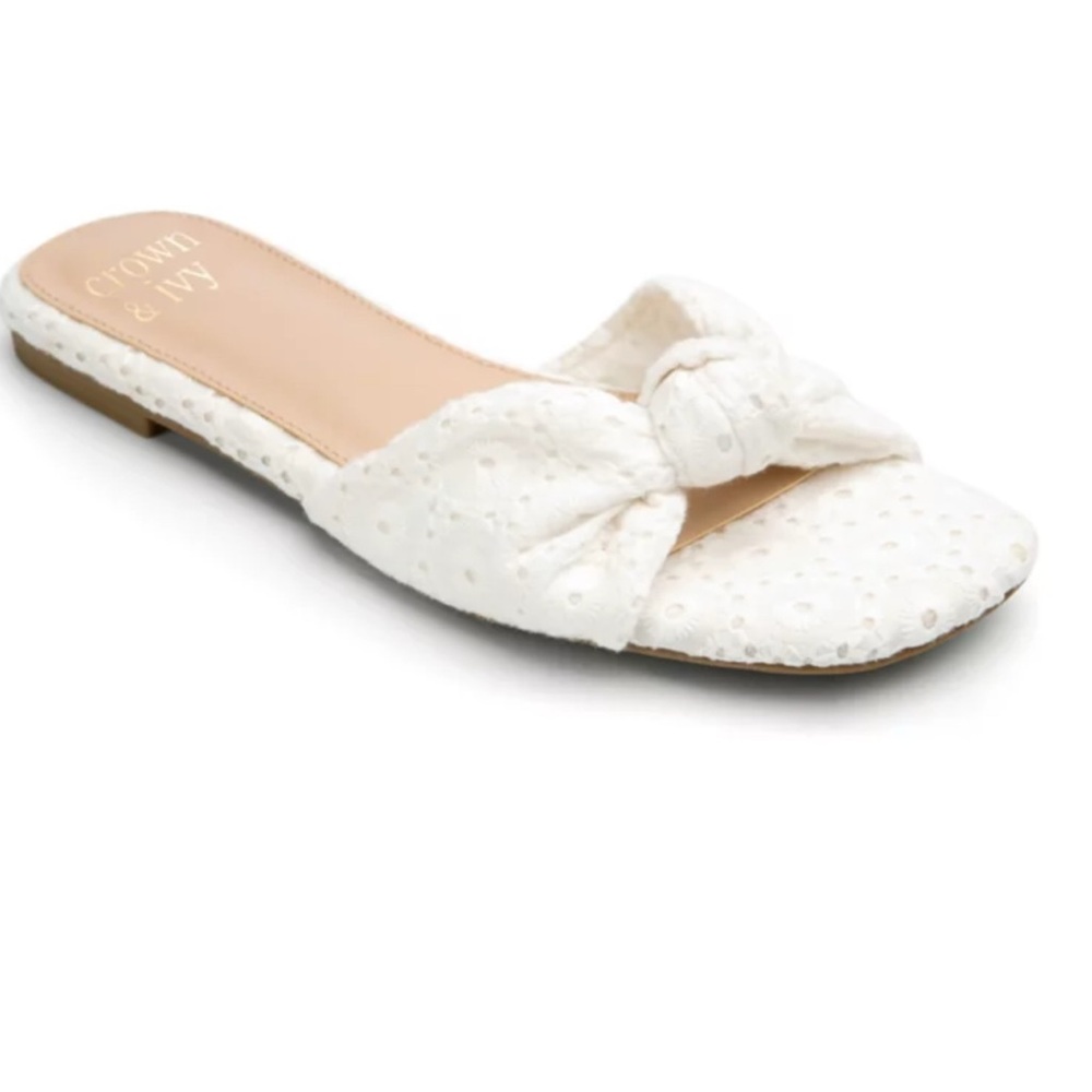 Crown & Ivy Women's Cream Bow Slide Sandals